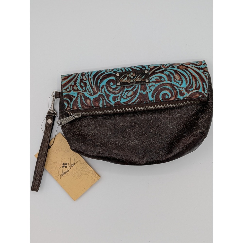 Patricia Nash Cauchy Leather Wristlet Clutch Tooled Floral Turquoise Brown NWT